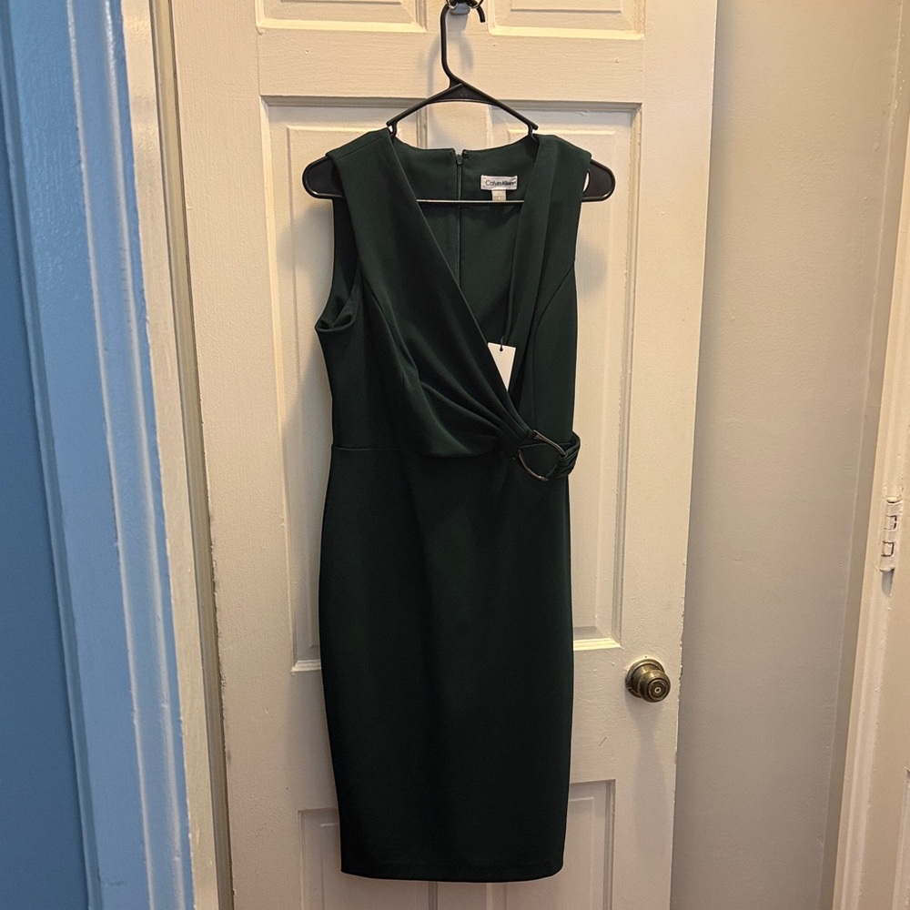 Calvin Klein Forest Green Sleeveless Faux-Wrap Sheath Dress